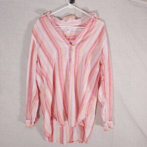 Gap Linen Tunic Womens Large Pink Striped V Neck Popover Coastal Beachwear